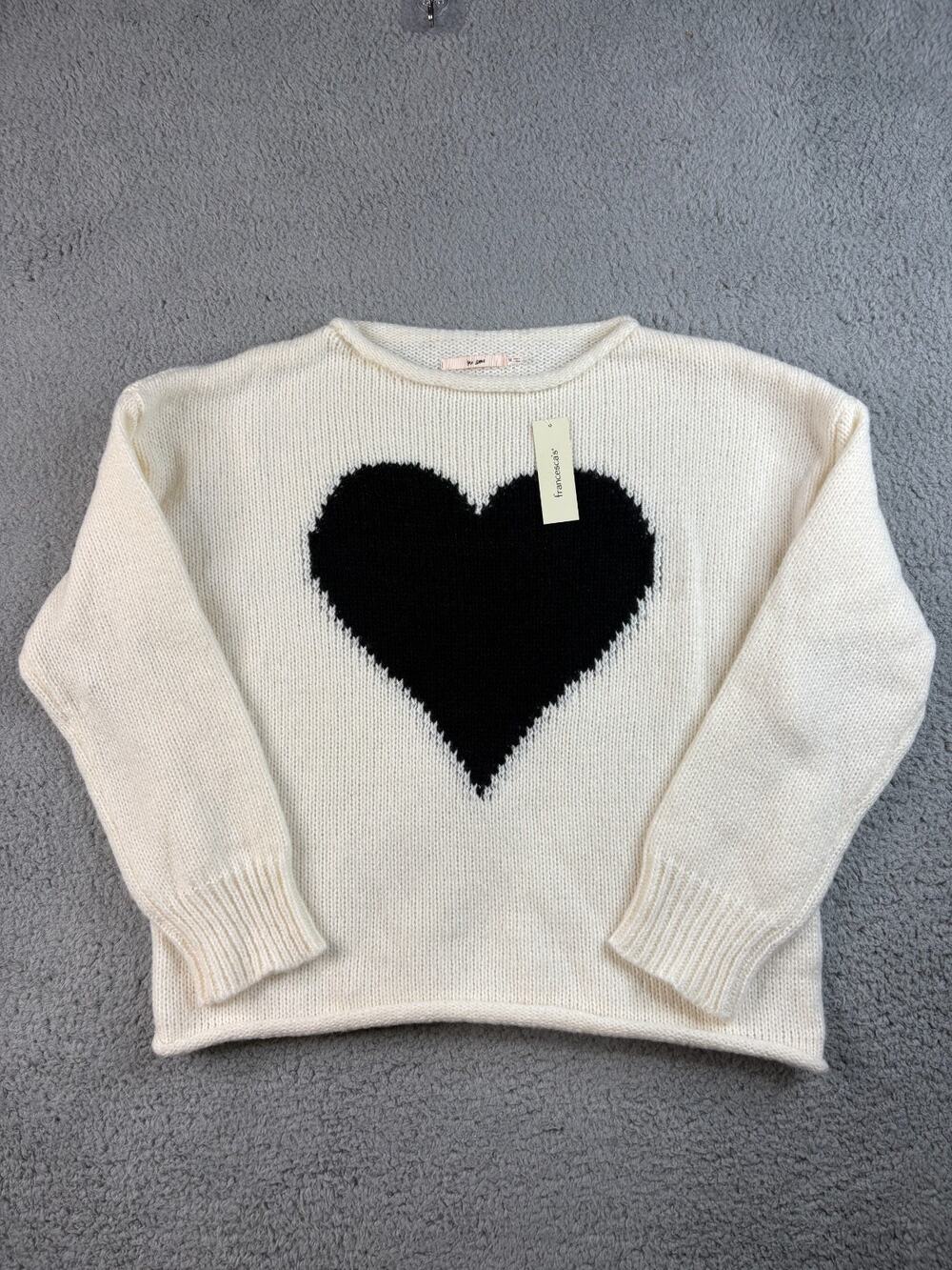 Francesca's Mi Ami Emma Heart Pullover Sweater Women Size Medium Ivory Knitted